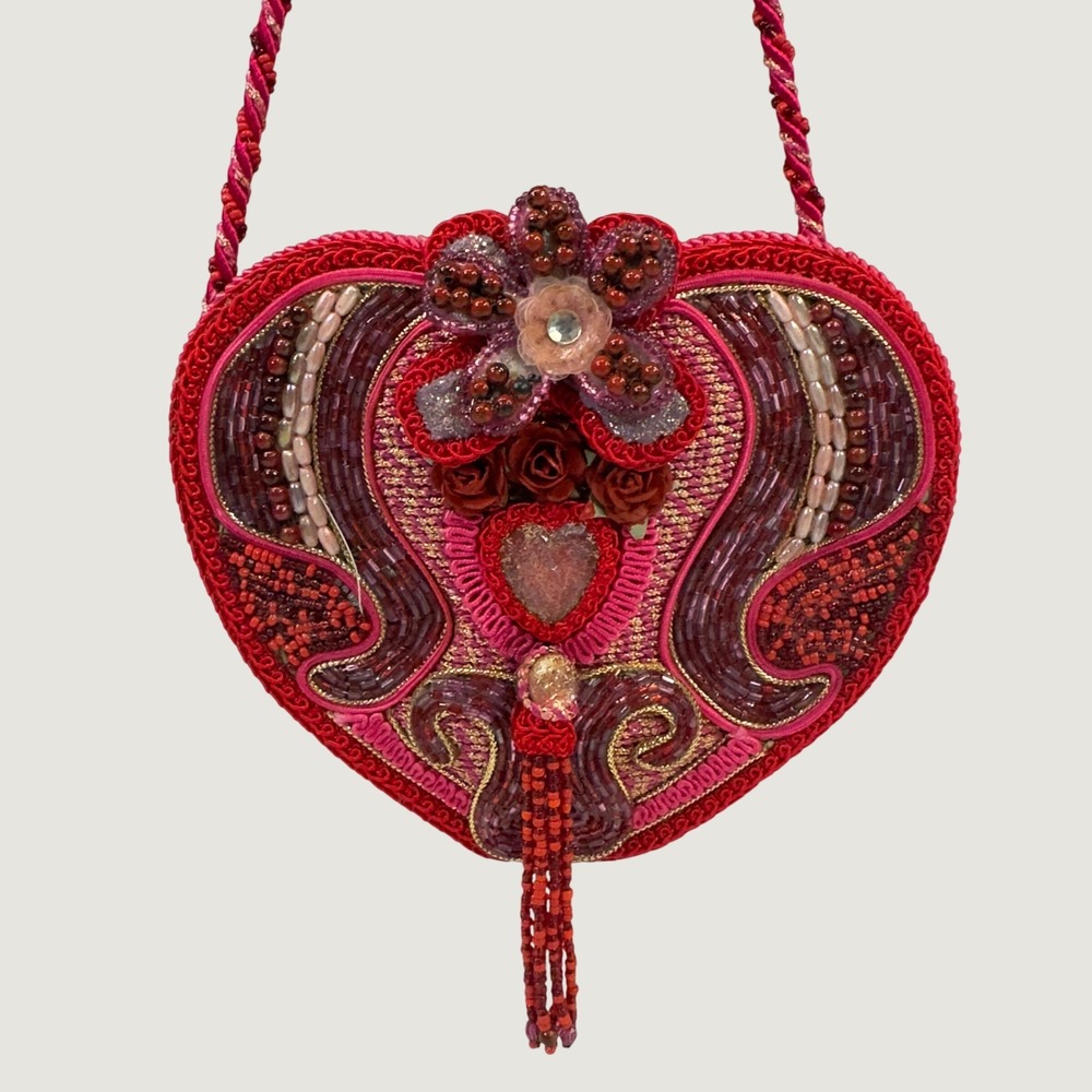 Vtg Mary Frances Heart Purse Beaded Floral Crossbody Pink Red Y2K Bag Valentines